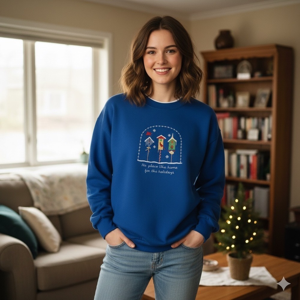 Vintage Holiday Embroidered Birdhouse Sweatshirt Womens XXL Blue Christmas Cozy